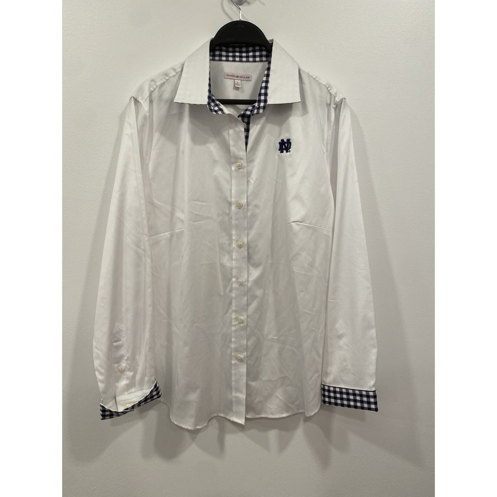 Peter Millar Womens White Notre Dame Button Down Shirt Large Gingham Blue Preppy